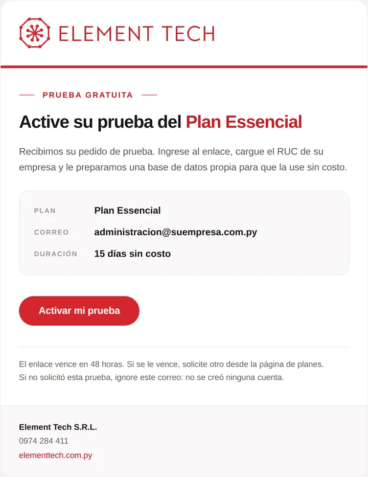 Correo de activación de la prueba con el plan, el correo y la duración