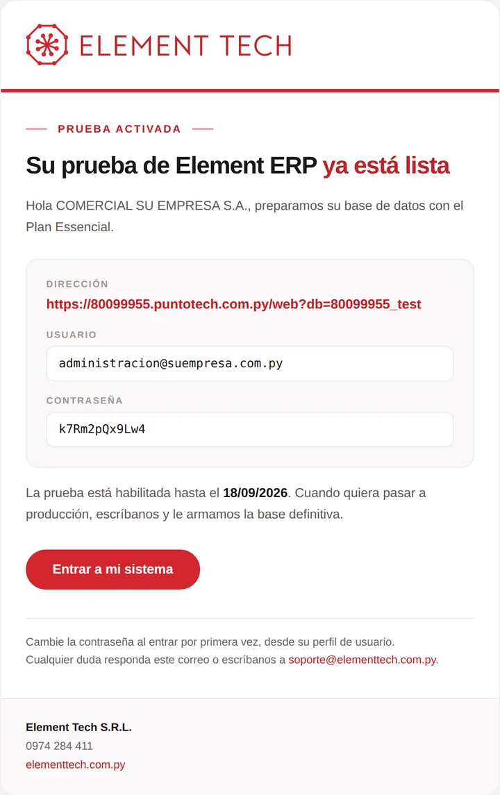 Correo con la dirección del sistema, el usuario y la contraseña