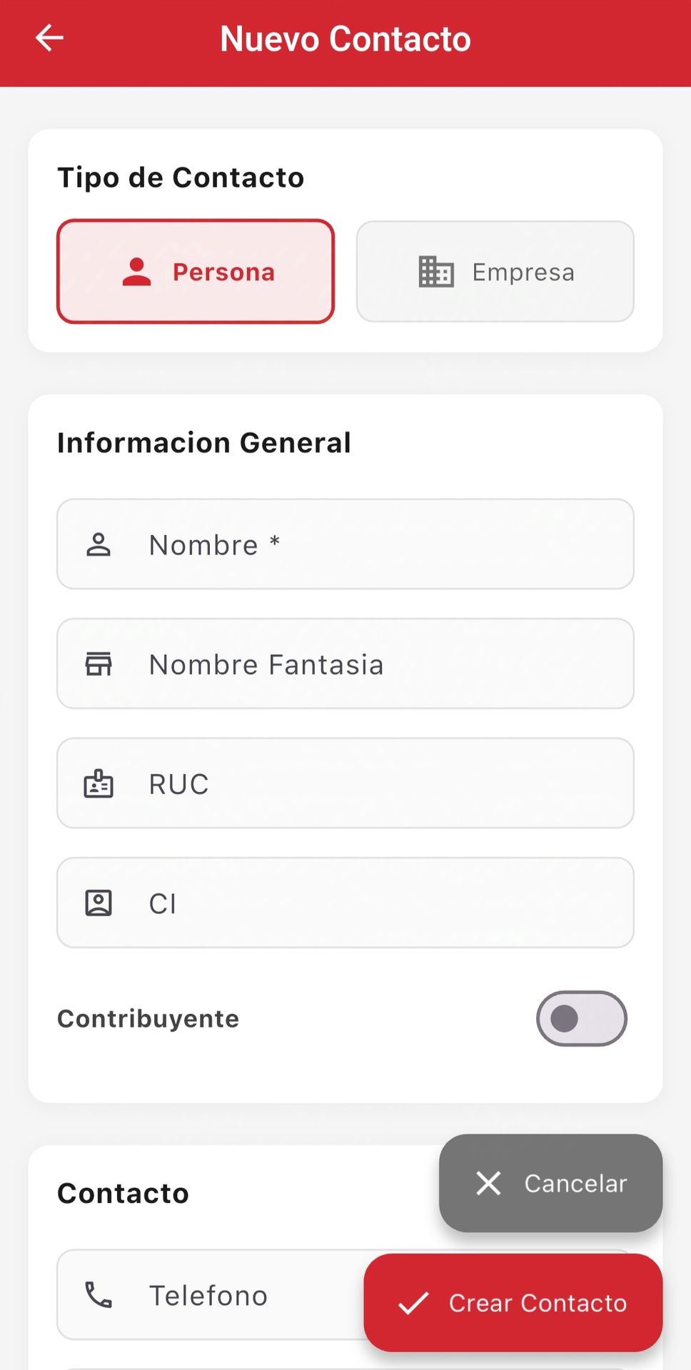 Formulario de nuevo contacto
