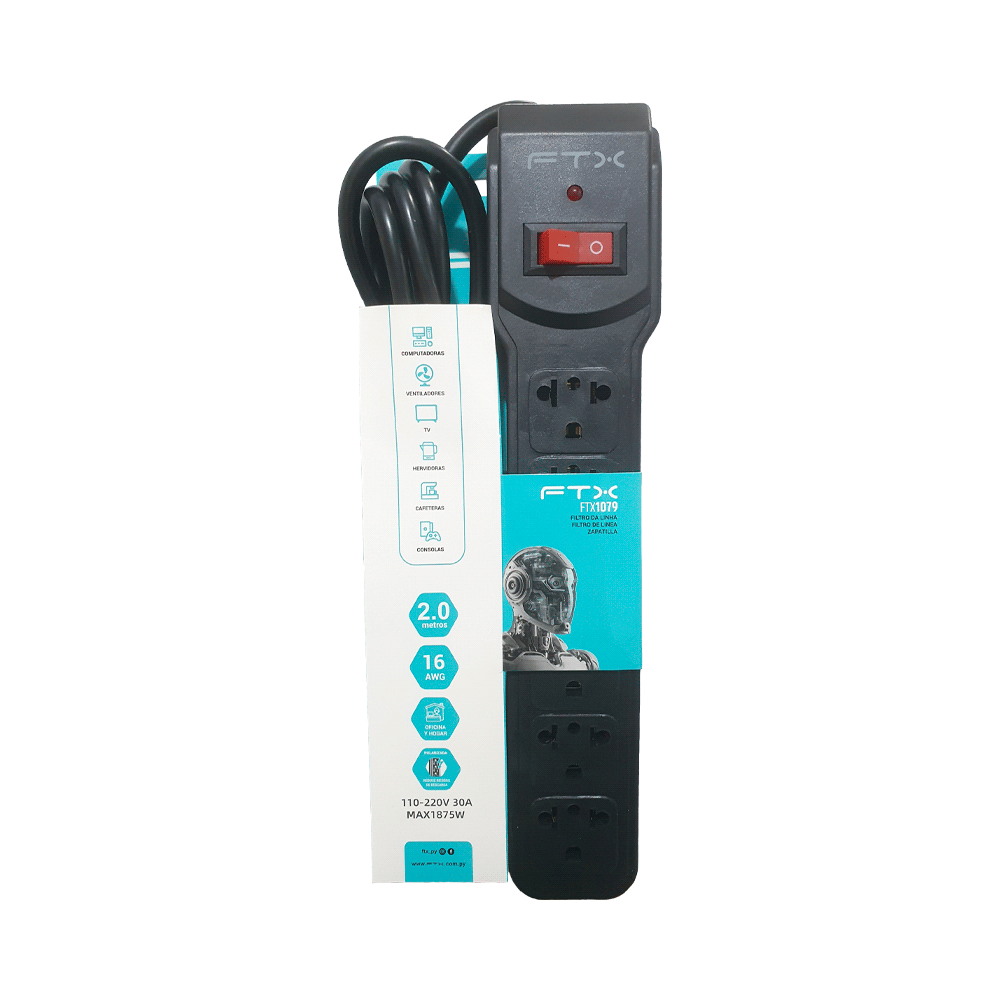 FILTRO DE LINEA FTX1079 DE 6 TOMAS NEMA EUR 110/220V